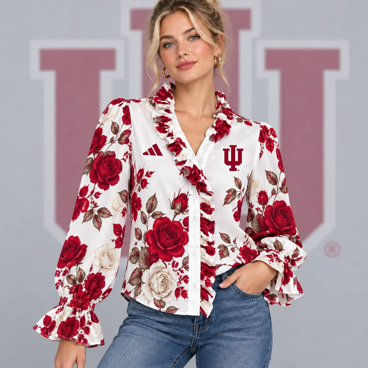 Indiana Hoosiers | Premium NCAA Women's Elegant Rose Floral Print Ruffle Neck Button Up Long Sleeve Blouse NDN