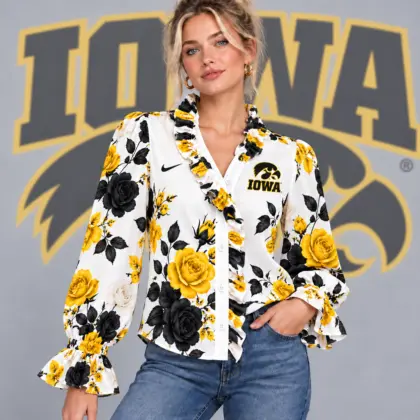Iowa Hawkeyes | Premium NCAA Women's Elegant Rose Floral Print Ruffle Neck Button Up Long Sleeve Blouse NDN