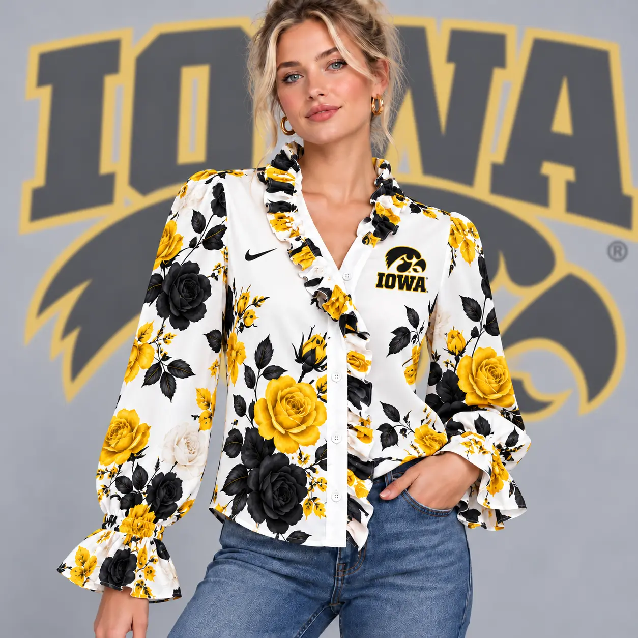 Iowa Hawkeyes | Premium NCAA Women's Elegant Rose Floral Print Ruffle Neck Button Up Long Sleeve Blouse NDN