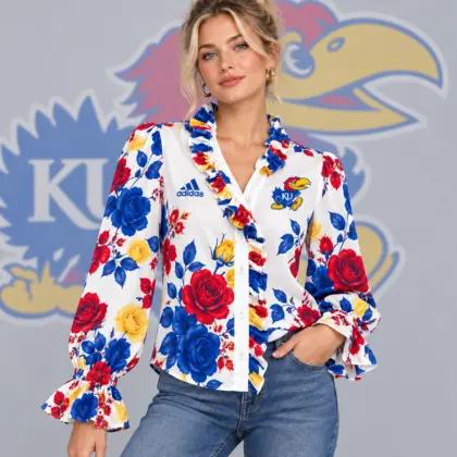 Kansas Jayhawks | Premium NCAA Women's Elegant Rose Floral Print Ruffle Neck Button Up Long Sleeve Blouse NDN