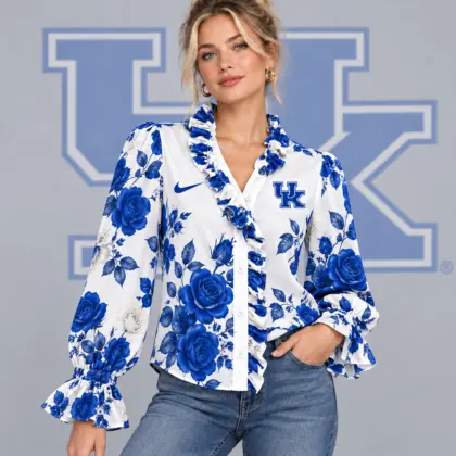 Kentucky Wildcats | Premium NCAA Women's Elegant Rose Floral Print Ruffle Neck Button Up Long Sleeve Blouse NDN