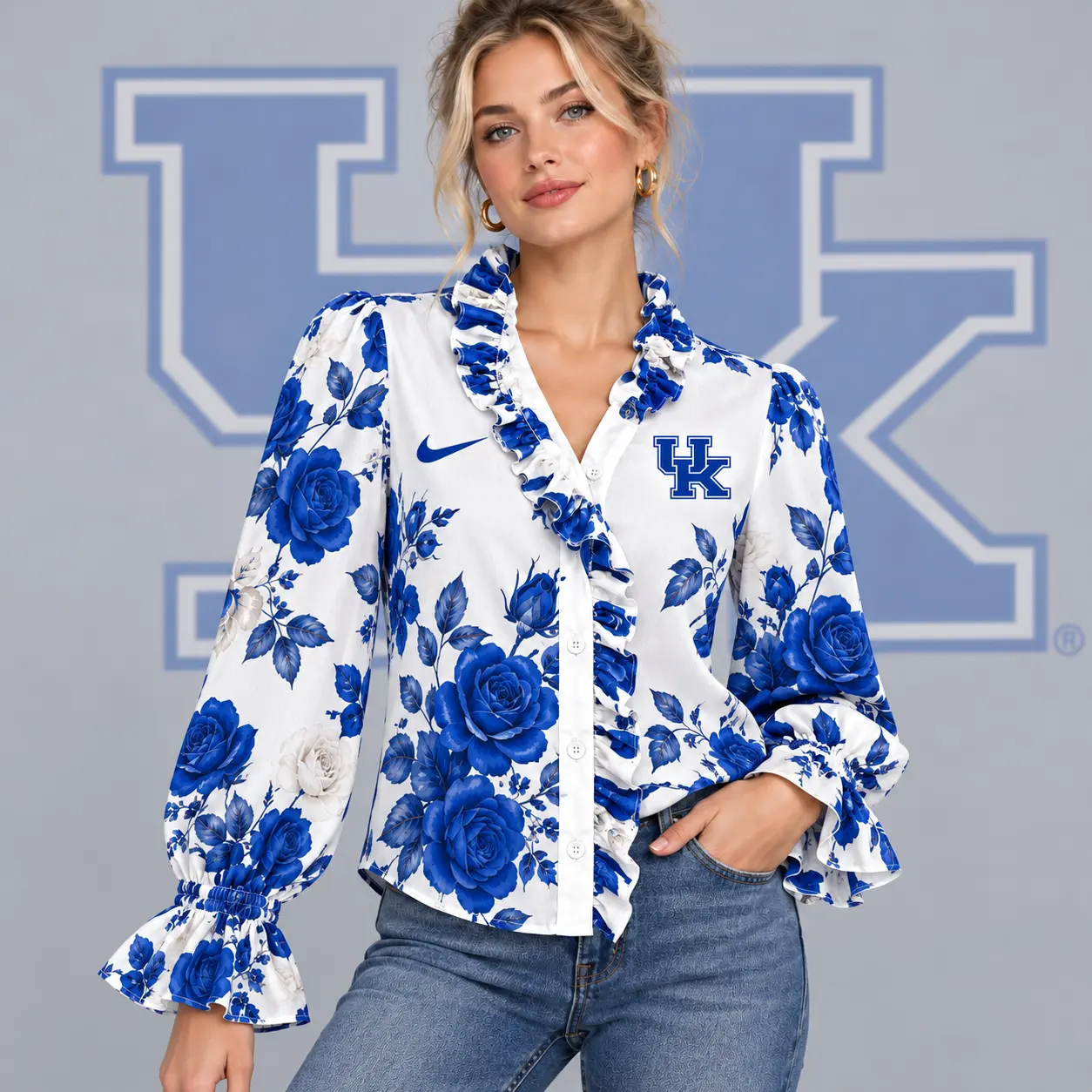 Kentucky Wildcats | Premium NCAA Women's Elegant Rose Floral Print Ruffle Neck Button Up Long Sleeve Blouse NDN