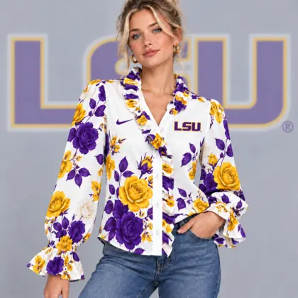 Lsu Tigers | Premium NCAA Women's Elegant Rose Floral Print Ruffle Neck Button Up Long Sleeve Blouse NDN
