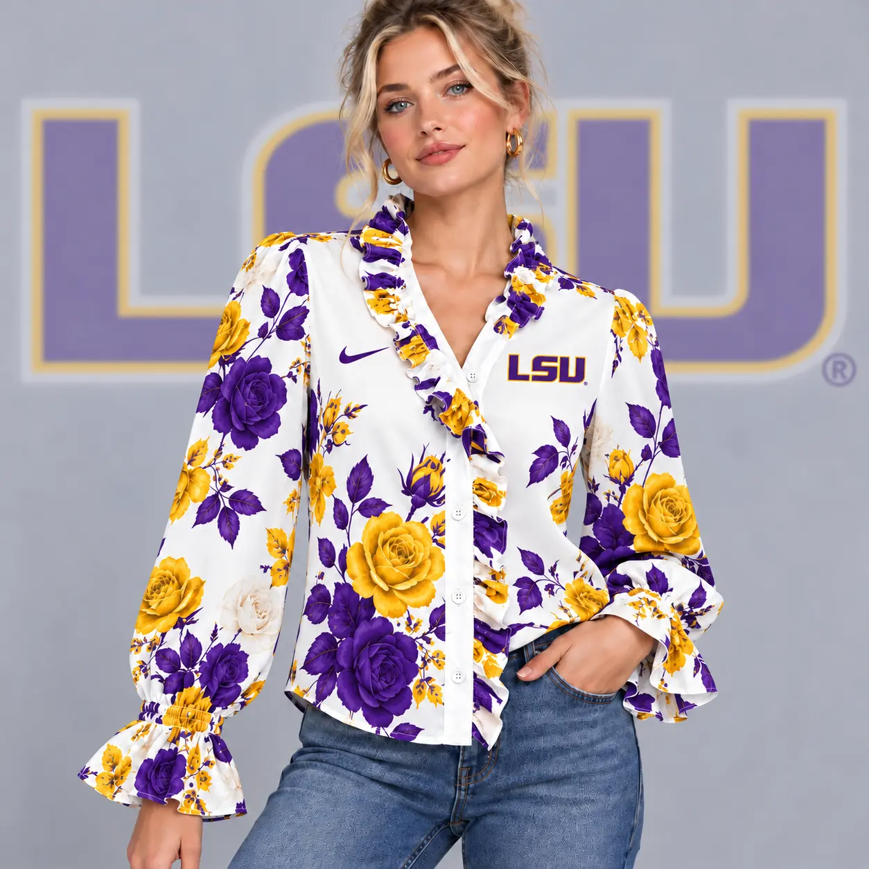 Lsu Tigers | Premium NCAA Women's Elegant Rose Floral Print Ruffle Neck Button Up Long Sleeve Blouse NDN