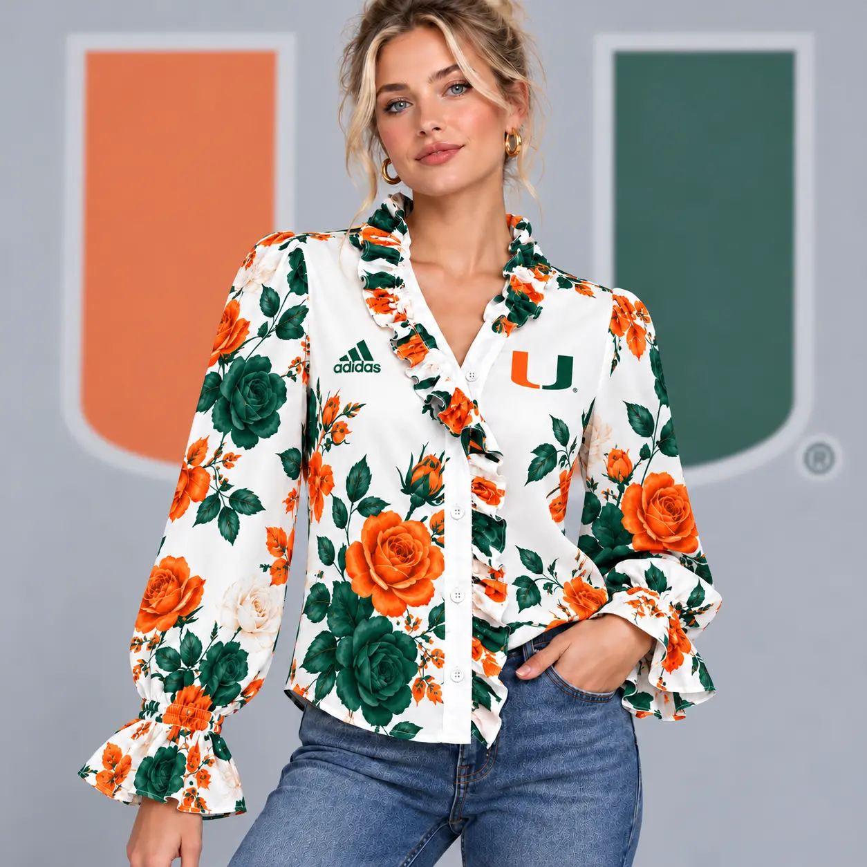 Miami Hurricanes | Premium NCAA Women's Elegant Rose Floral Print Ruffle Neck Button Up Long Sleeve Blouse NDN