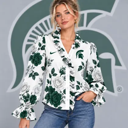 Michigan State Spartans | Premium NCAA Women's Elegant Rose Floral Print Ruffle Neck Button Up Long Sleeve Blouse NDN