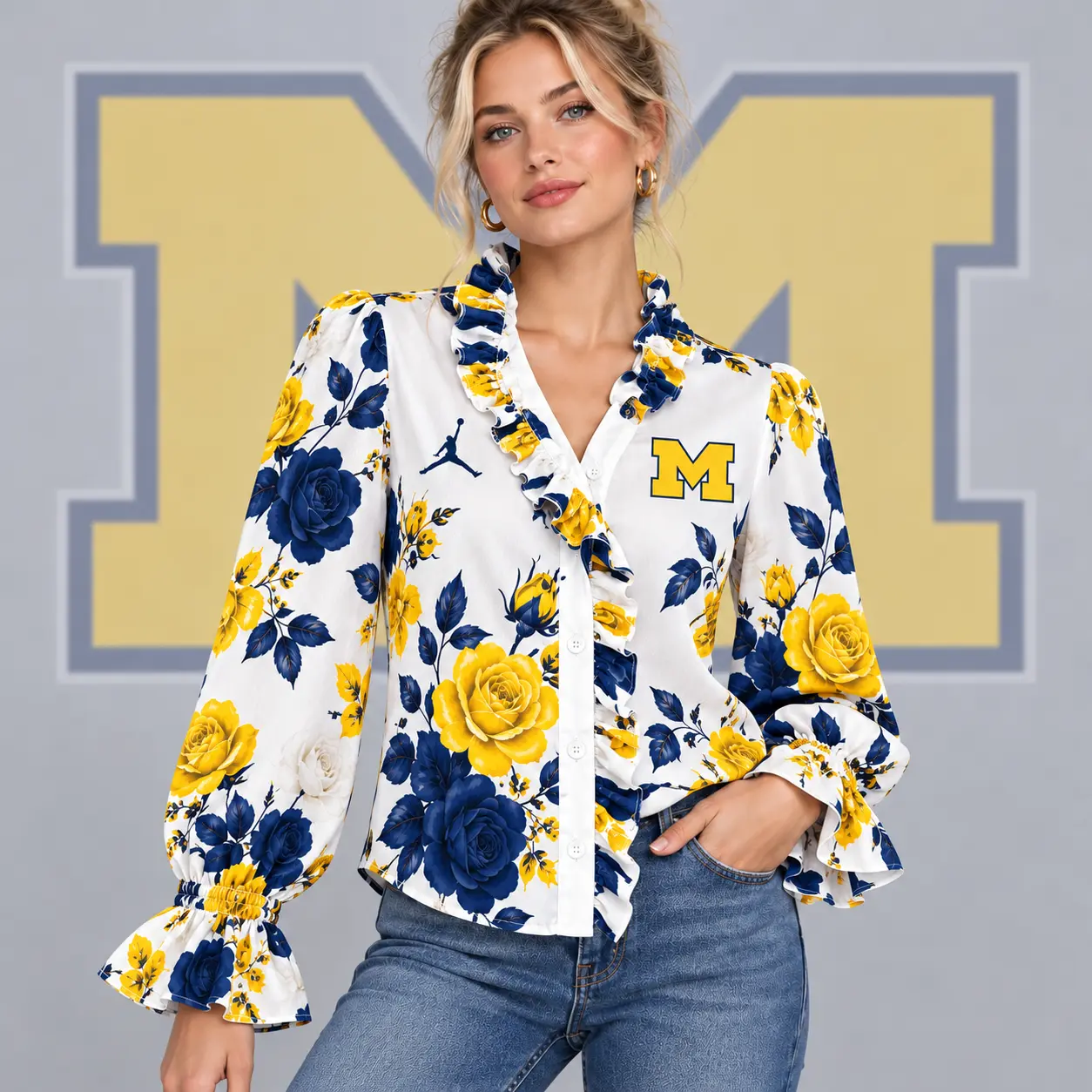 Michigan Wolverines | Premium NCAA Women's Elegant Rose Floral Print Ruffle Neck Button Up Long Sleeve Blouse NDN