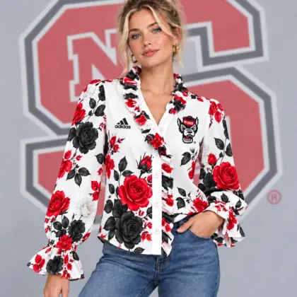 Nc State Wolfpack | Premium NCAA Women's Elegant Rose Floral Print Ruffle Neck Button Up Long Sleeve Blouse NDN