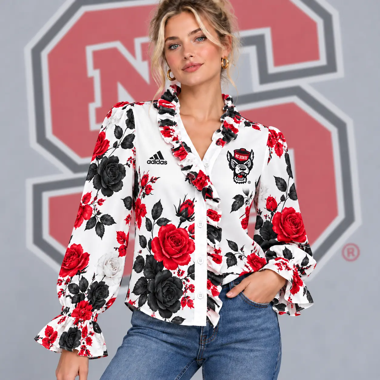 Nc State Wolfpack | Premium NCAA Women's Elegant Rose Floral Print Ruffle Neck Button Up Long Sleeve Blouse NDN