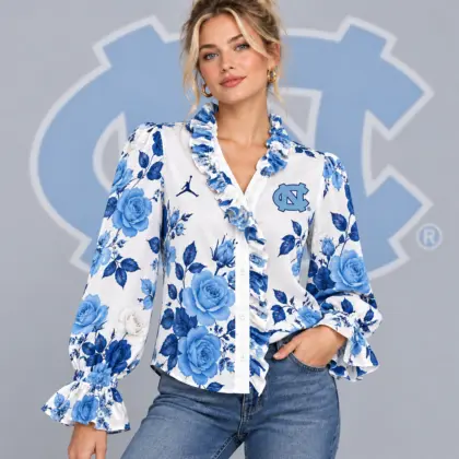 North Carolina Tar Heels | Premium NCAA Women's Elegant Rose Floral Print Ruffle Neck Button Up Long Sleeve Blouse NDN