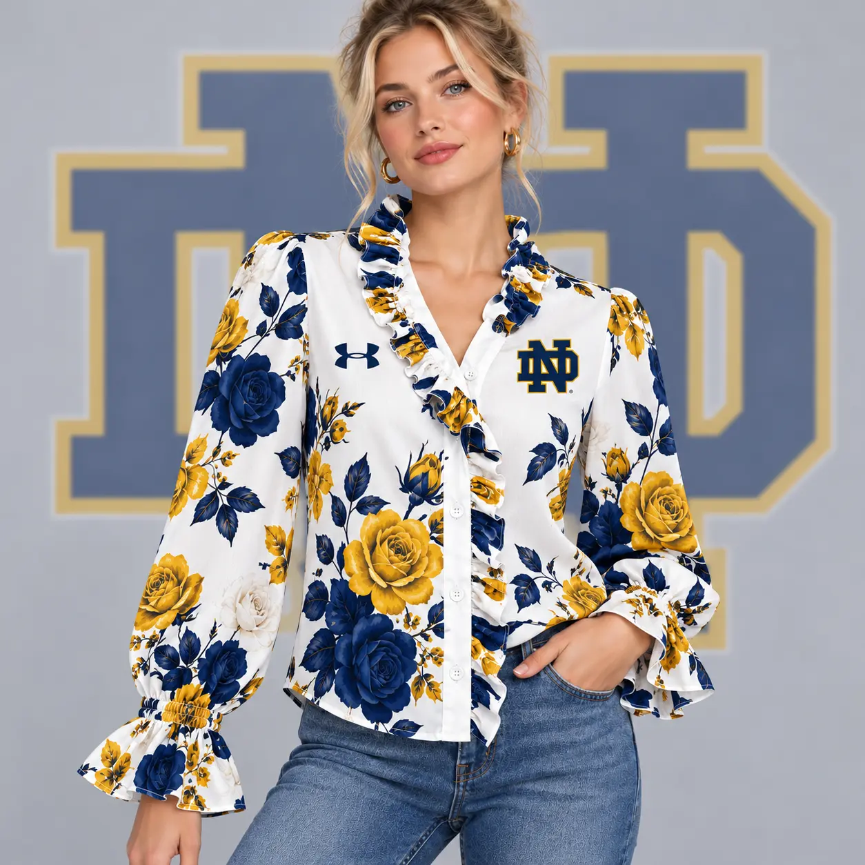 Notre Dame Fighting Irish | Premium NCAA Women's Elegant Rose Floral Print Ruffle Neck Button Up Long Sleeve Blouse NDN