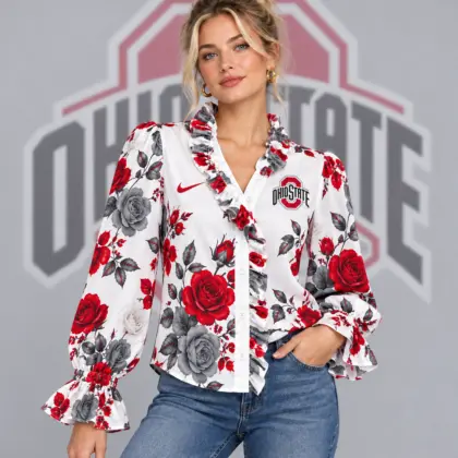 Ohio State Buckeyes | Premium NCAA Women's Elegant Rose Floral Print Ruffle Neck Button Up Long Sleeve Blouse NDN