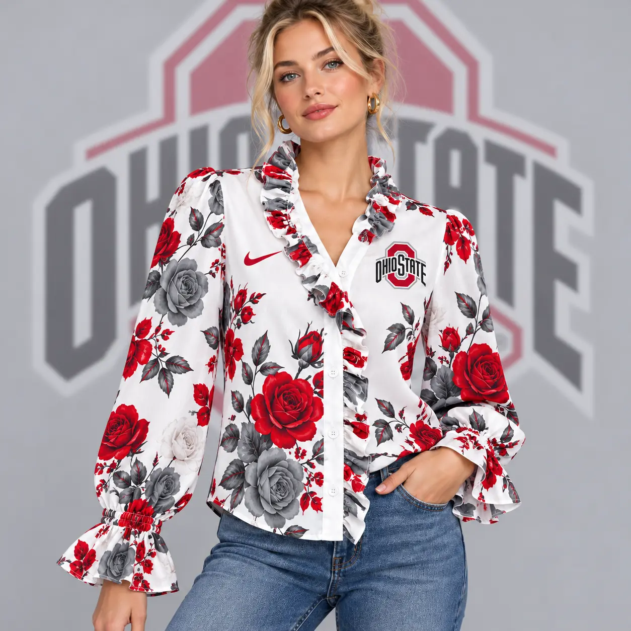 Ohio State Buckeyes | Premium NCAA Women's Elegant Rose Floral Print Ruffle Neck Button Up Long Sleeve Blouse NDN
