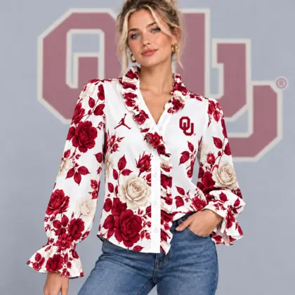 Oklahoma Sooners | Premium NCAA Women's Elegant Rose Floral Print Ruffle Neck Button Up Long Sleeve Blouse NDN