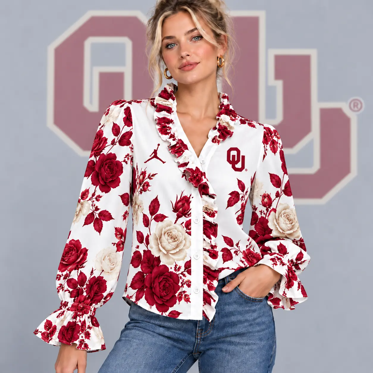Oklahoma Sooners | Premium NCAA Women's Elegant Rose Floral Print Ruffle Neck Button Up Long Sleeve Blouse NDN