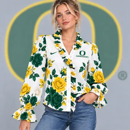 Oregon Ducks | Premium NCAA Women's Elegant Rose Floral Print Ruffle Neck Button Up Long Sleeve Blouse NDN