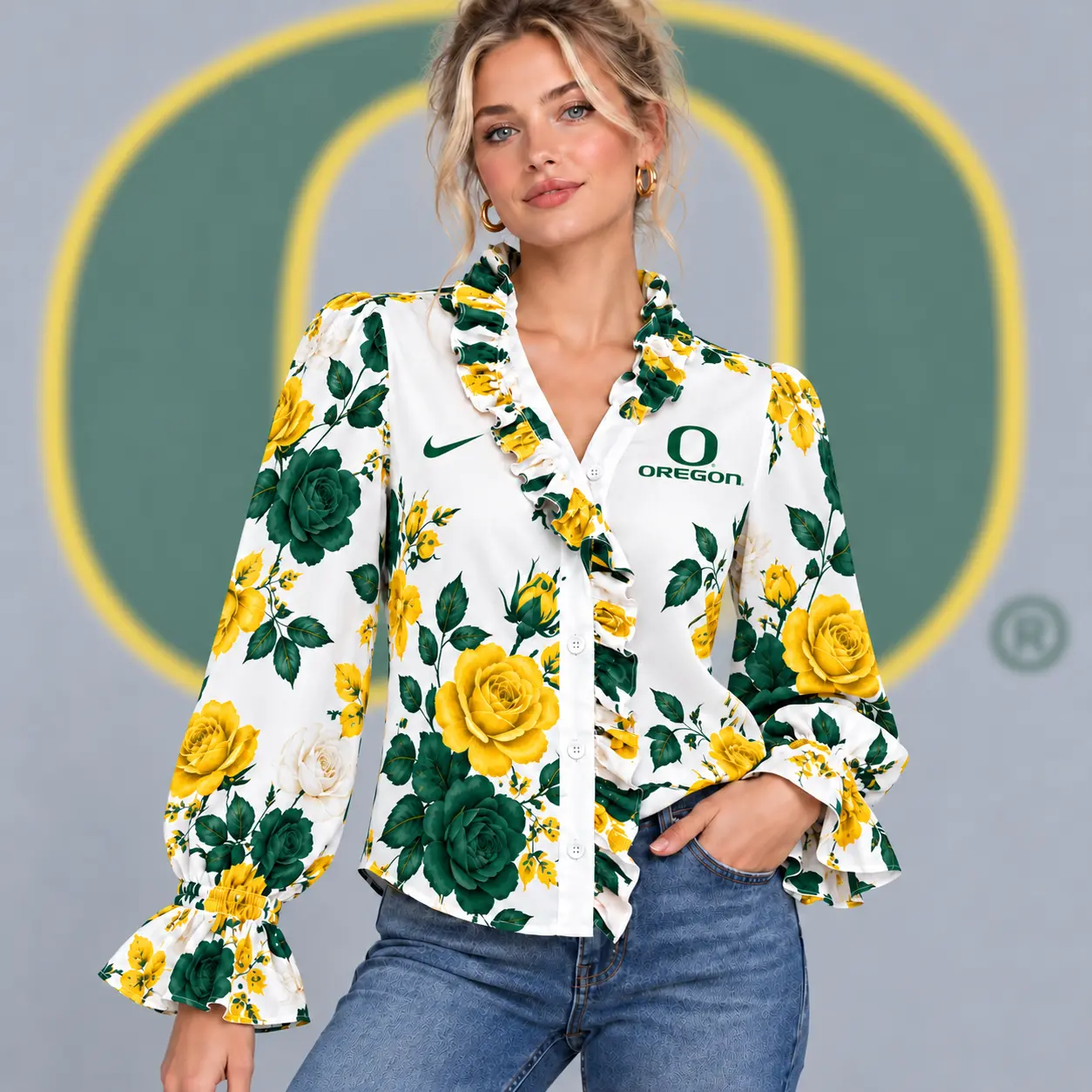 Oregon Ducks | Premium NCAA Women's Elegant Rose Floral Print Ruffle Neck Button Up Long Sleeve Blouse NDN