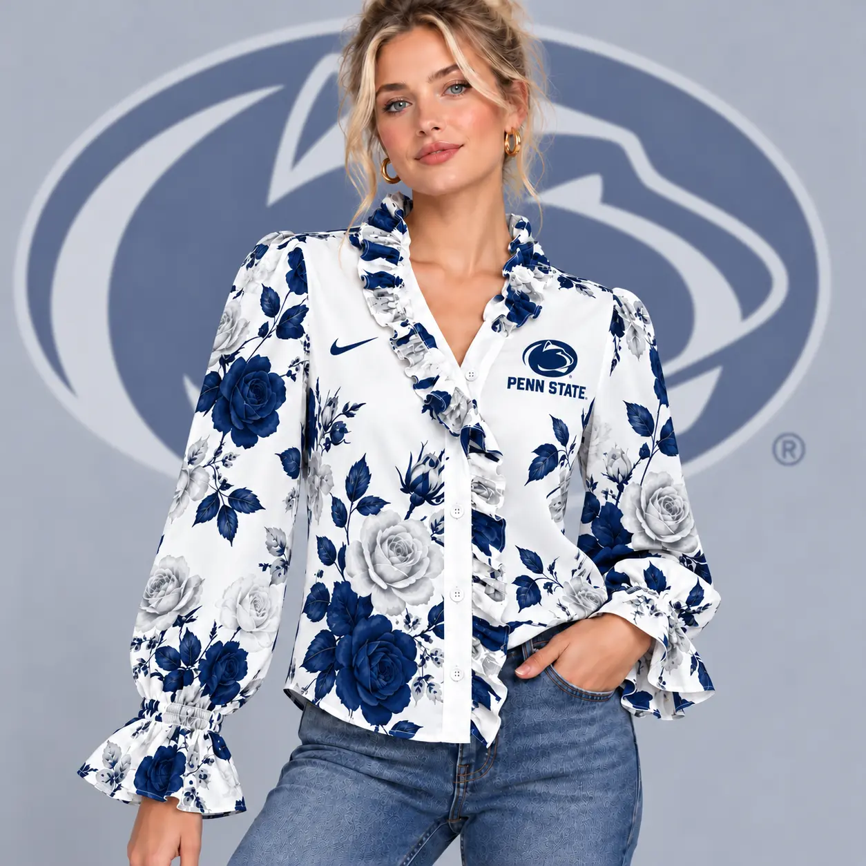 Penn State Nittany Lions | Premium NCAA Women's Elegant Rose Floral Print Ruffle Neck Button Up Long Sleeve Blouse NDN