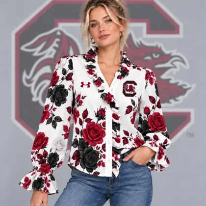 South Carolina Gamecocks | Premium NCAA Women's Elegant Rose Floral Print Ruffle Neck Button Up Long Sleeve Blouse NDN