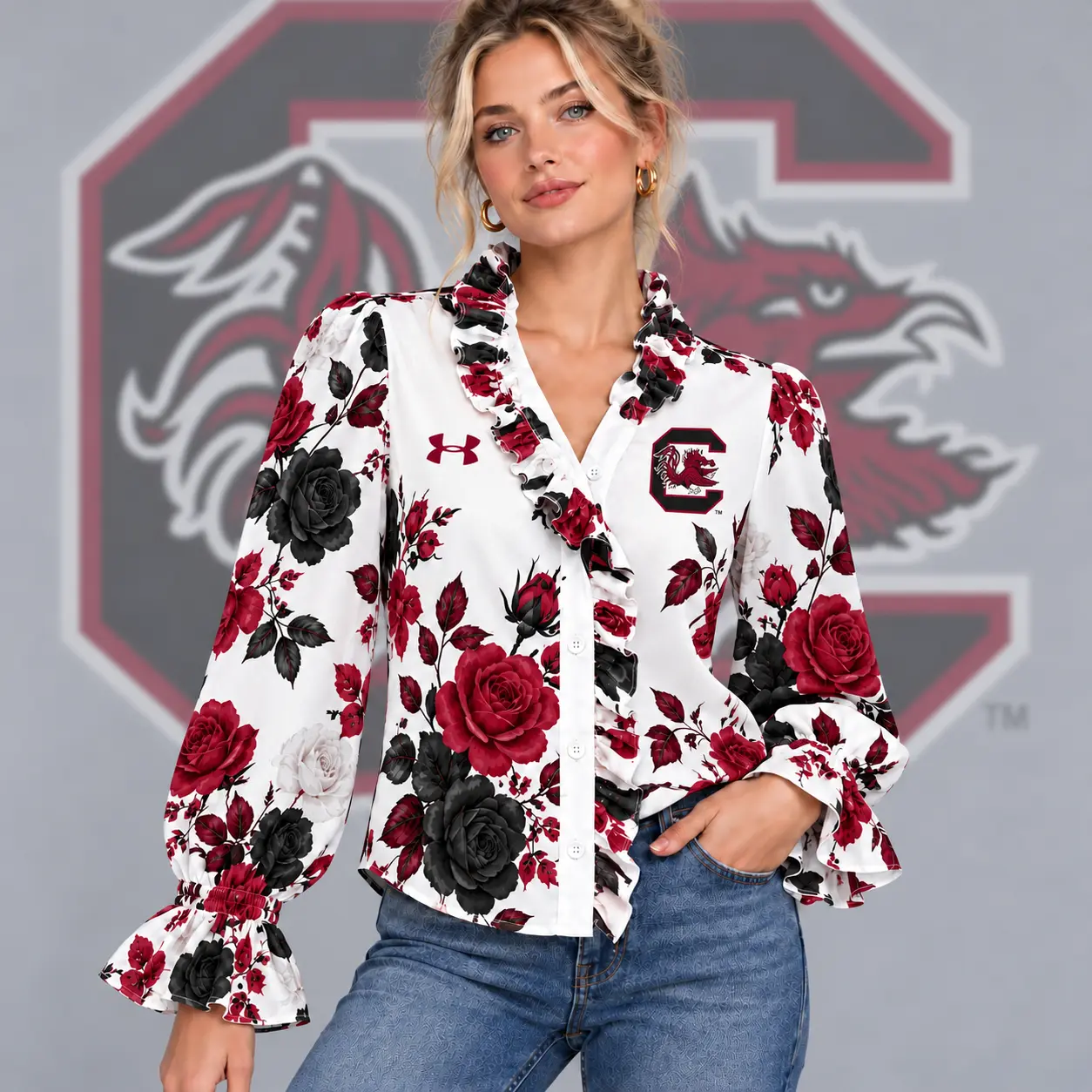 South Carolina Gamecocks | Premium NCAA Women's Elegant Rose Floral Print Ruffle Neck Button Up Long Sleeve Blouse NDN