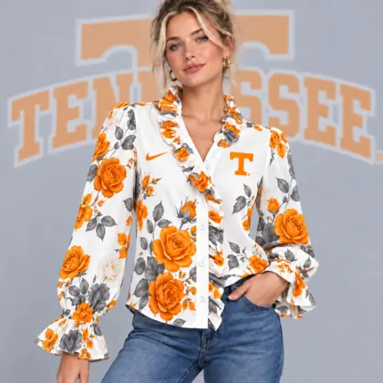 Tennessee Volunteers | Premium NCAA Women's Elegant Rose Floral Print Ruffle Neck Button Up Long Sleeve Blouse NDN