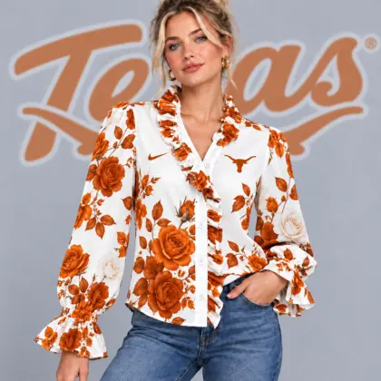 Texas Longhorns | Premium NCAA Women's Elegant Rose Floral Print Ruffle Neck Button Up Long Sleeve Blouse NDN