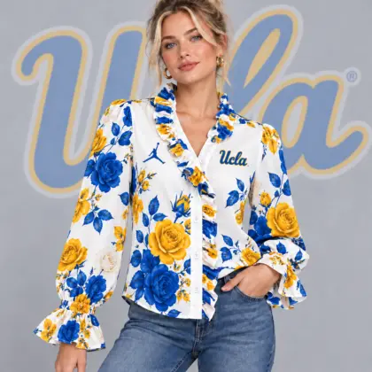 Ucla Bruins | Premium NCAA Women's Elegant Rose Floral Print Ruffle Neck Button Up Long Sleeve Blouse NDN
