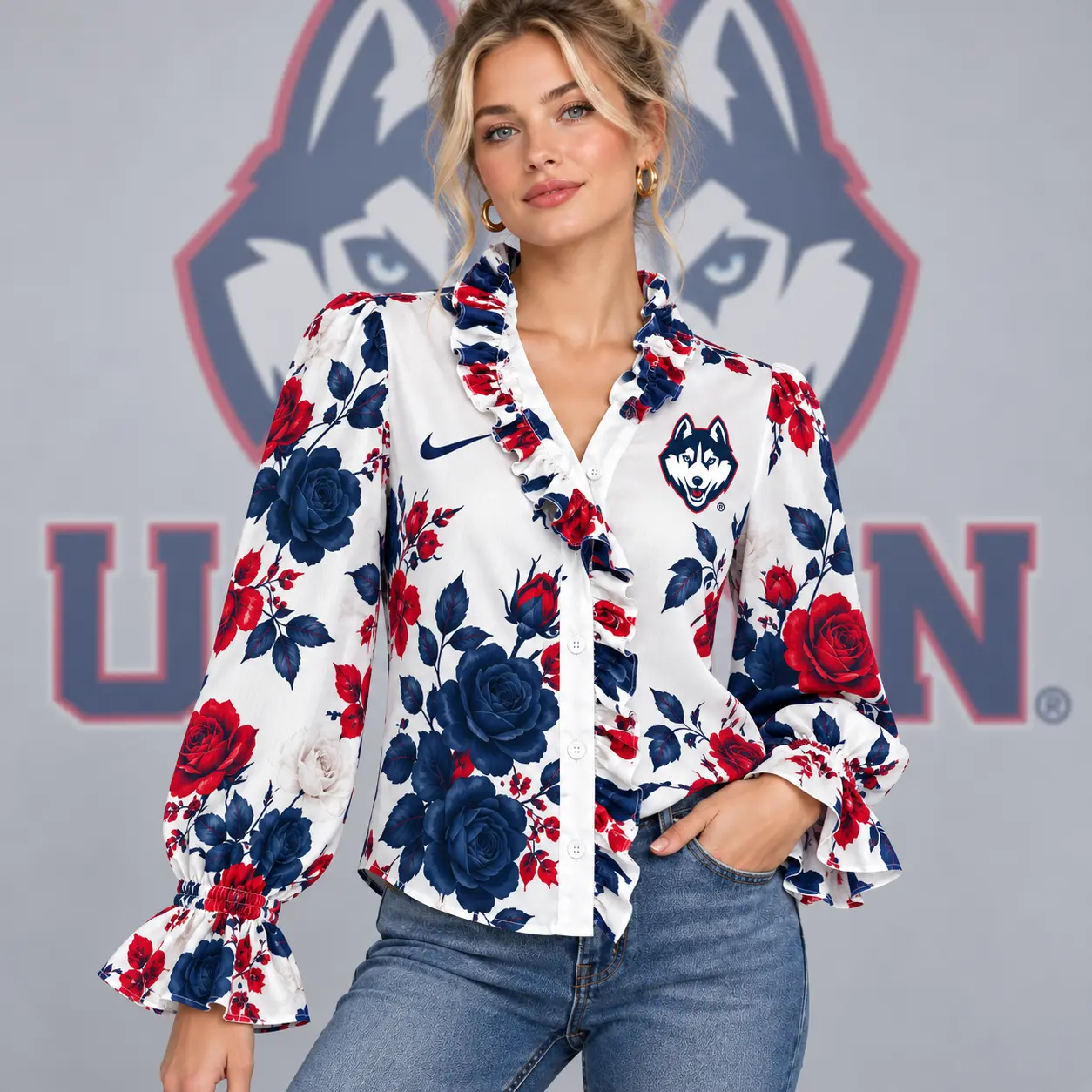 Uconn Huskies | Premium NCAA Women's Elegant Rose Floral Print Ruffle Neck Button Up Long Sleeve Blouse NDN