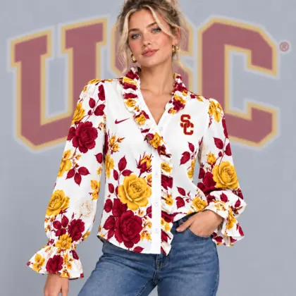 Usc Trojans | Premium NCAA Women's Elegant Rose Floral Print Ruffle Neck Button Up Long Sleeve Blouse NDN