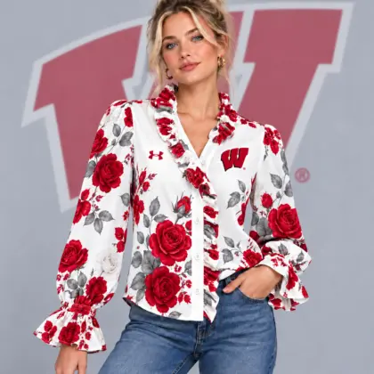 Wisconsin Badgers | Premium NCAA Women's Elegant Rose Floral Print Ruffle Neck Button Up Long Sleeve Blouse NDN