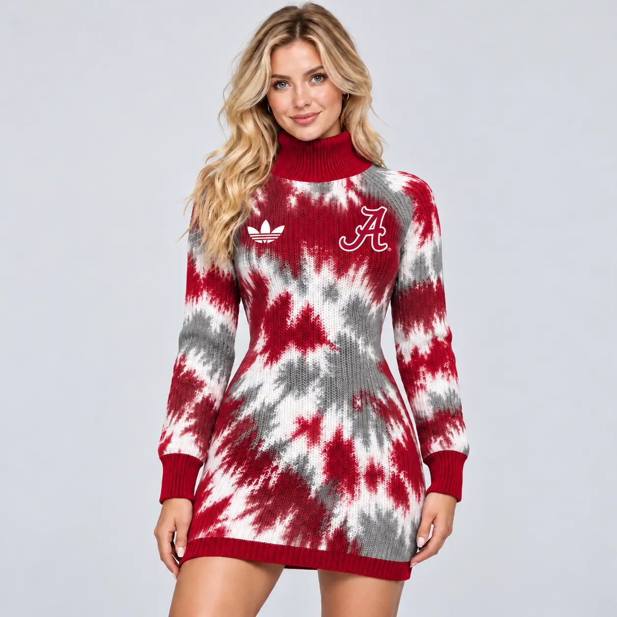 Alabama Crimson Tide | Premium NCAA Women's Vibrant Tie Dye Print Turtleneck Long Sleeve Bodycon Knit Sweater Mini Dress NDN