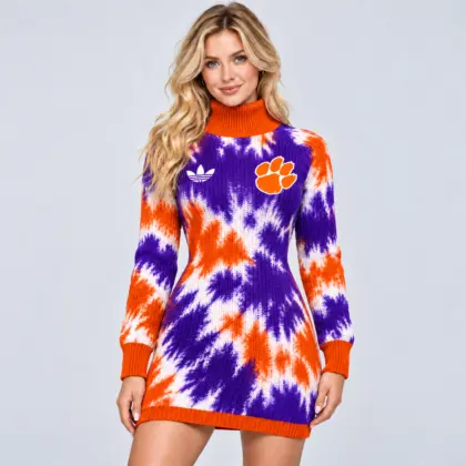 Clemson Tigers | Premium NCAA Women's Vibrant Tie Dye Print Turtleneck Long Sleeve Bodycon Knit Sweater Mini Dress NDN
