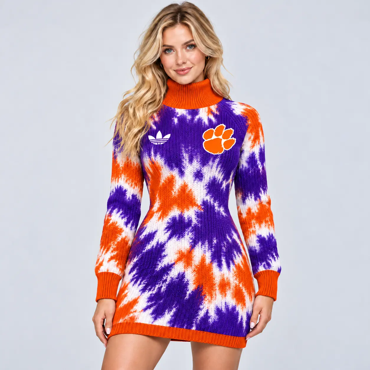 Clemson Tigers | Premium NCAA Women's Vibrant Tie Dye Print Turtleneck Long Sleeve Bodycon Knit Sweater Mini Dress NDN