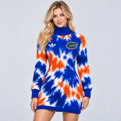 Florida Gators | Premium NCAA Women's Vibrant Tie Dye Print Turtleneck Long Sleeve Bodycon Knit Sweater Mini Dress NDN