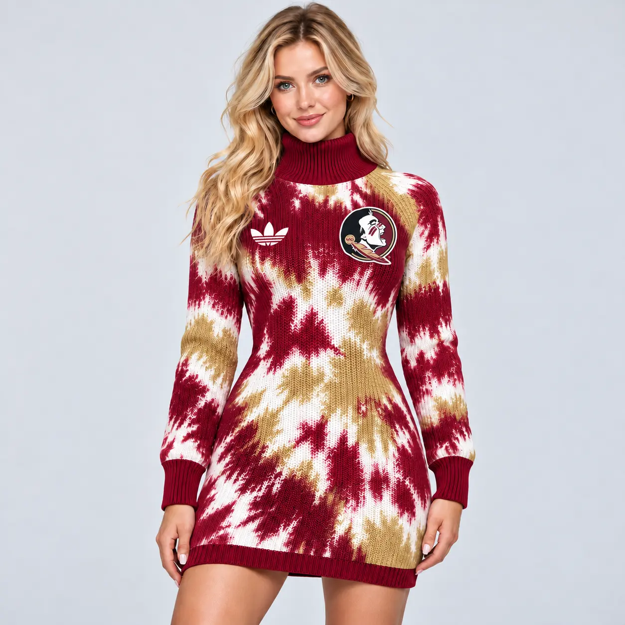 Florida State Seminoles | Premium NCAA Women's Vibrant Tie Dye Print Turtleneck Long Sleeve Bodycon Knit Sweater Mini Dress NDN