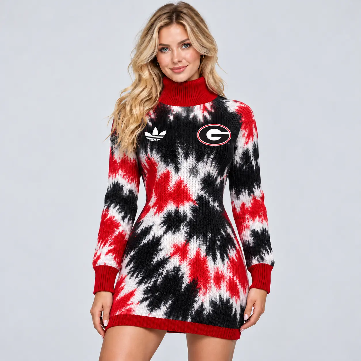 Georgia Bulldogs | Premium NCAA Women's Vibrant Tie Dye Print Turtleneck Long Sleeve Bodycon Knit Sweater Mini Dress NDN