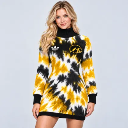 Iowa Hawkeyes | Premium NCAA Women's Vibrant Tie Dye Print Turtleneck Long Sleeve Bodycon Knit Sweater Mini Dress NDN