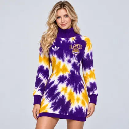 Lsu Tigers | Premium NCAA Women's Vibrant Tie Dye Print Turtleneck Long Sleeve Bodycon Knit Sweater Mini Dress NDN