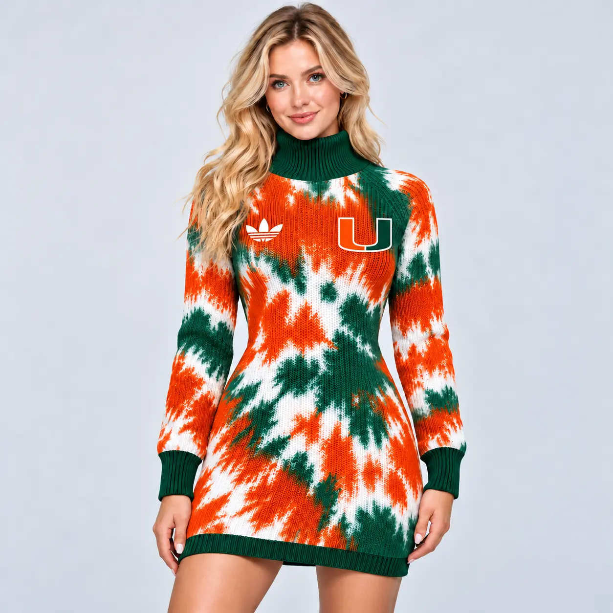 Miami Hurricanes | Premium NCAA Women's Vibrant Tie Dye Print Turtleneck Long Sleeve Bodycon Knit Sweater Mini Dress NDN