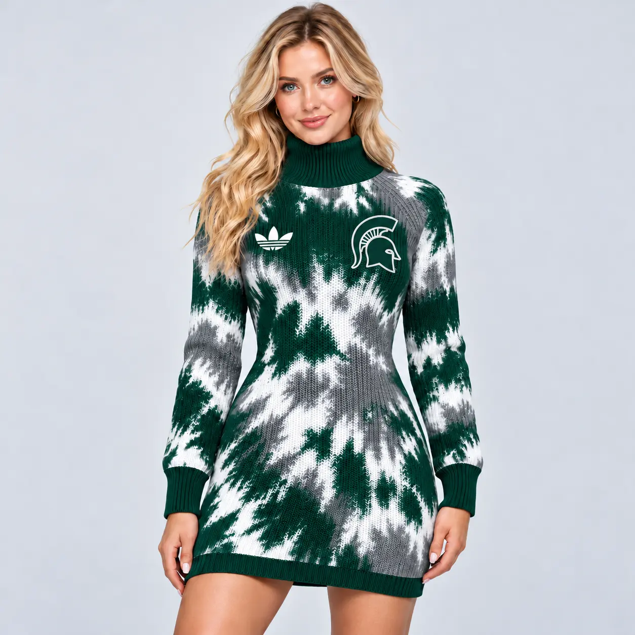 Michigan State Spartans | Premium NCAA Women's Vibrant Tie Dye Print Turtleneck Long Sleeve Bodycon Knit Sweater Mini Dress NDN