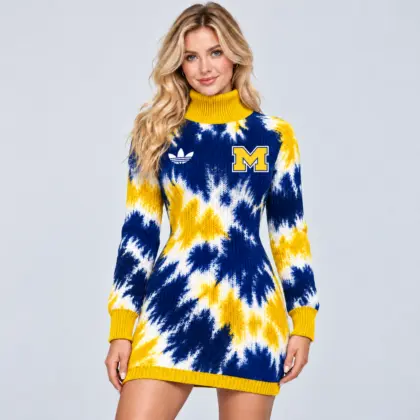 Michigan Wolverines | Premium NCAA Women's Vibrant Tie Dye Print Turtleneck Long Sleeve Bodycon Knit Sweater Mini Dress NDN