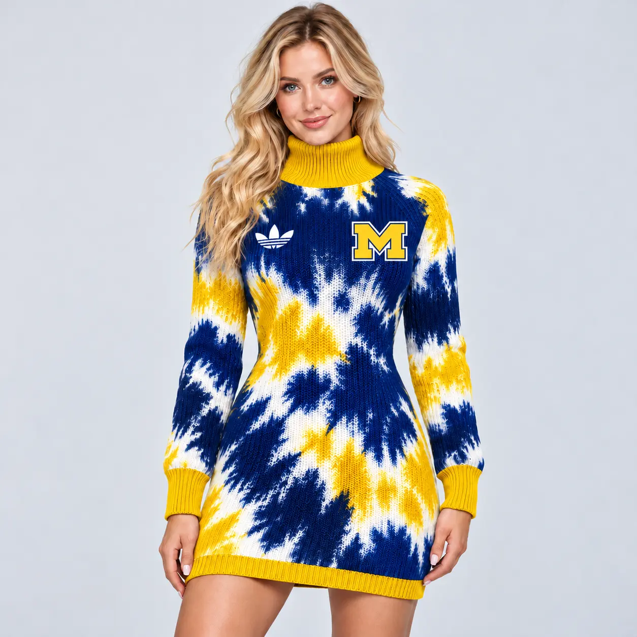 Michigan Wolverines | Premium NCAA Women's Vibrant Tie Dye Print Turtleneck Long Sleeve Bodycon Knit Sweater Mini Dress NDN