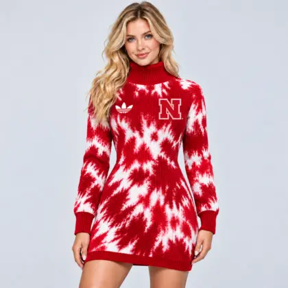 Nebraska Cornhuskers | Premium NCAA Women's Vibrant Tie Dye Print Turtleneck Long Sleeve Bodycon Knit Sweater Mini Dress NDN
