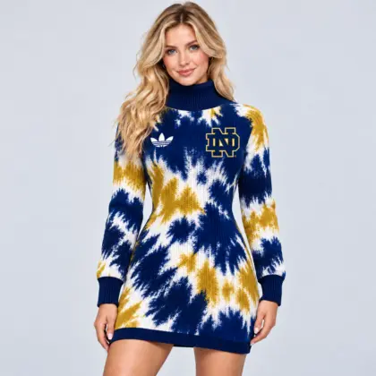 Notre Dame Fighting Irish | Premium NCAA Women's Vibrant Tie Dye Print Turtleneck Long Sleeve Bodycon Knit Sweater Mini Dress NDN