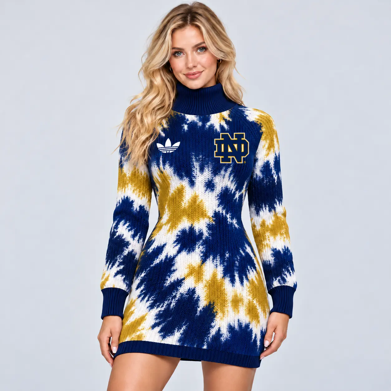 Notre Dame Fighting Irish | Premium NCAA Women's Vibrant Tie Dye Print Turtleneck Long Sleeve Bodycon Knit Sweater Mini Dress NDN