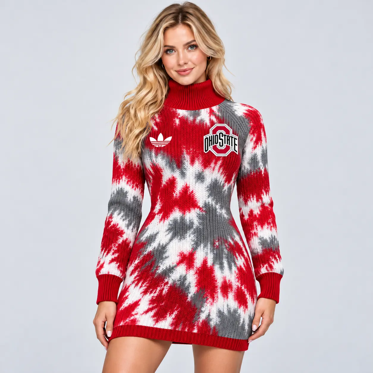 Ohio State Buckeyes | Premium NCAA Women's Vibrant Tie Dye Print Turtleneck Long Sleeve Bodycon Knit Sweater Mini Dress NDN