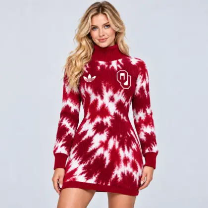 Oklahoma Sooners | Premium NCAA Women's Vibrant Tie Dye Print Turtleneck Long Sleeve Bodycon Knit Sweater Mini Dress NDN