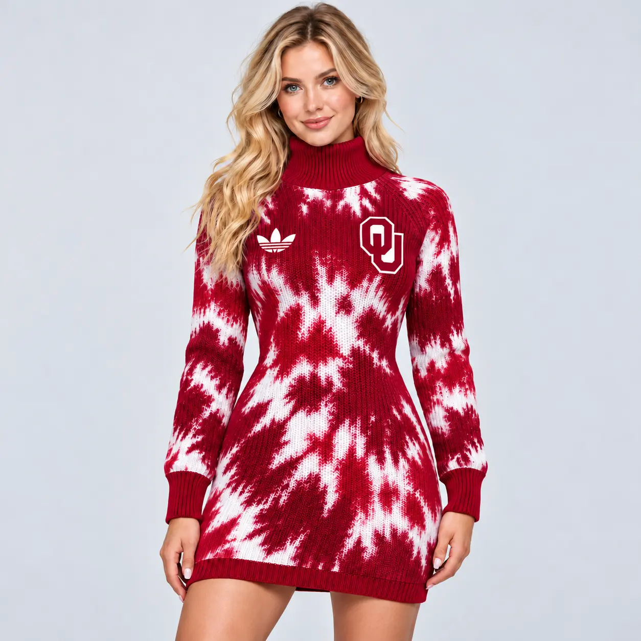 Oklahoma Sooners | Premium NCAA Women's Vibrant Tie Dye Print Turtleneck Long Sleeve Bodycon Knit Sweater Mini Dress NDN