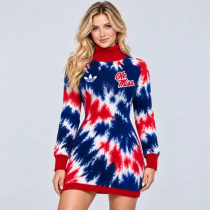 Ole Miss Rebels | Premium NCAA Women's Vibrant Tie Dye Print Turtleneck Long Sleeve Bodycon Knit Sweater Mini Dress NDN