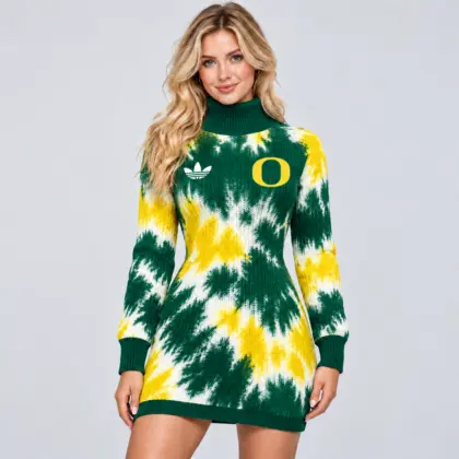 Oregon Ducks | Premium NCAA Women's Vibrant Tie Dye Print Turtleneck Long Sleeve Bodycon Knit Sweater Mini Dress NDN